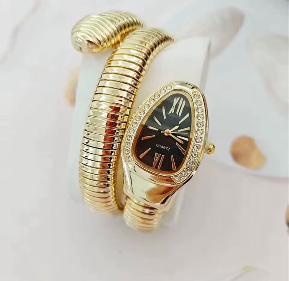 Luxurious Gold Tone Elegant Serpentine Bracelet Watch Crystal Black Dial NWOT